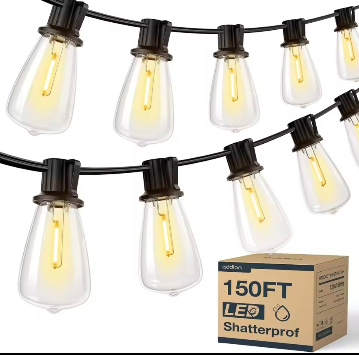 150FT Outdoor LED String Lights – Waterproof, Shatterproof, Dimmable ST38 Bulbs
