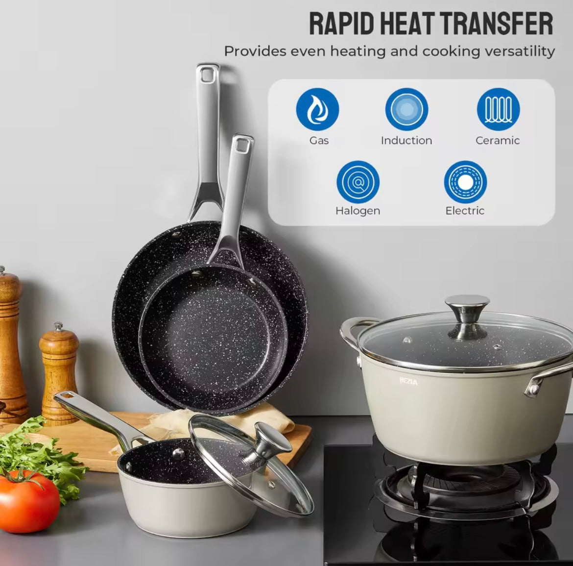 BEZIA 10-Piece Nonstick Cookware Set – Induction & All Stove Compatible