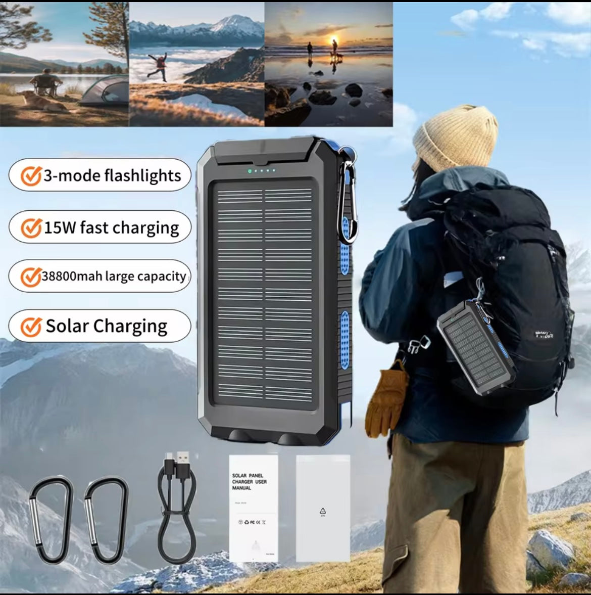 Waterproof Solar Power Bank – 38,800mAh, Dual USB, Outdoor Mobile Charger for Camping & Travel