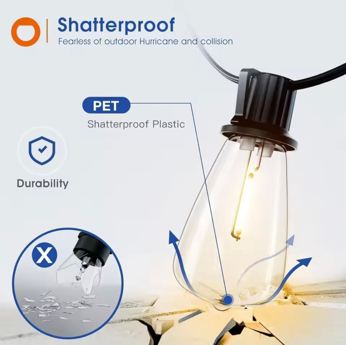 150FT Outdoor LED String Lights – Waterproof, Shatterproof, Dimmable ST38 Bulbs